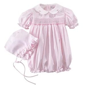 NWT Petit Ami PINK Baby Girls Embroidered Smocked Bubble Romper & Bonnet - 3 Mos